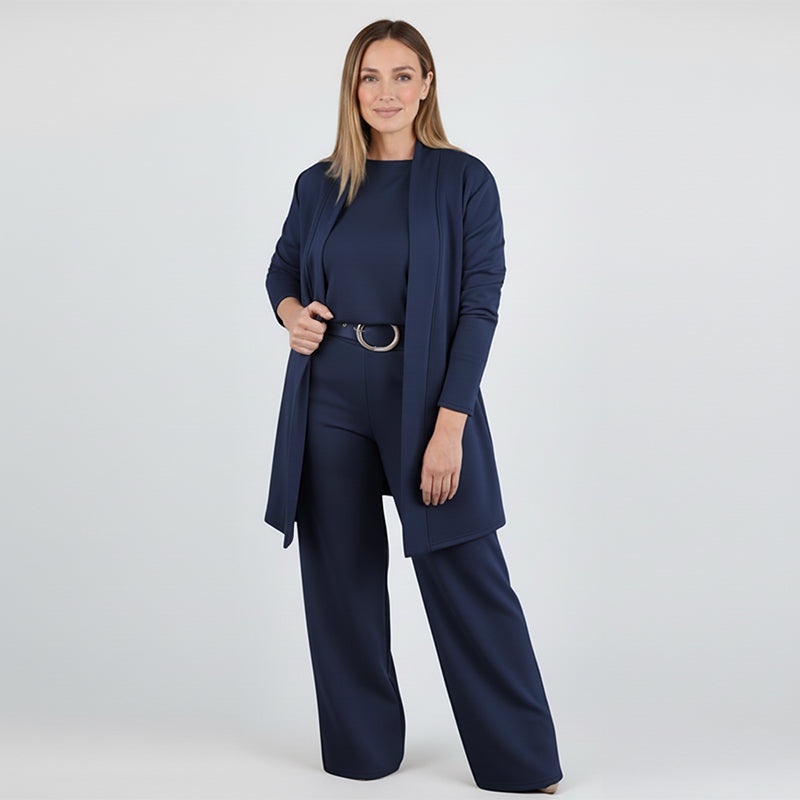 Dreiteiliges Set mit Longcardigan, Oberteil und weiter Hose – Damen