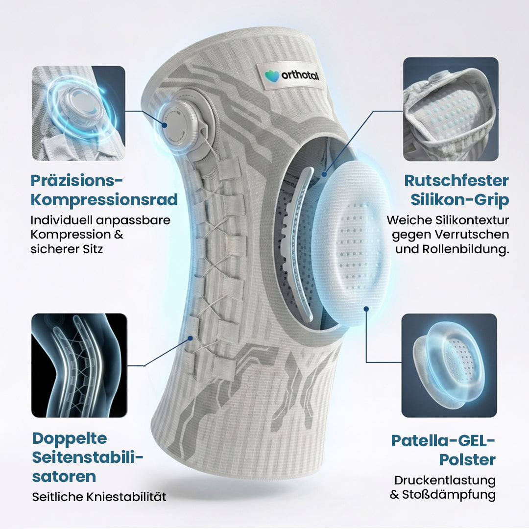 Kniebandage mit Drehrad und Patella-Polster – einstellbare Kompression