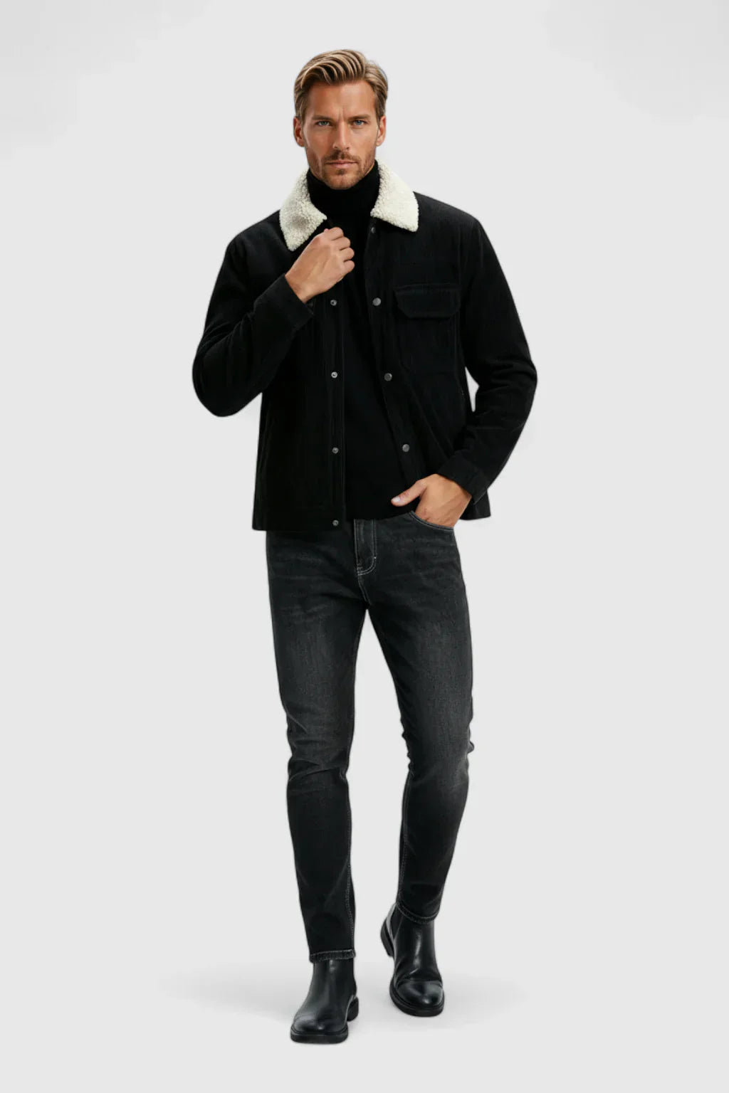Men's Corduroy Jacket with Sherpa Collar - Black
