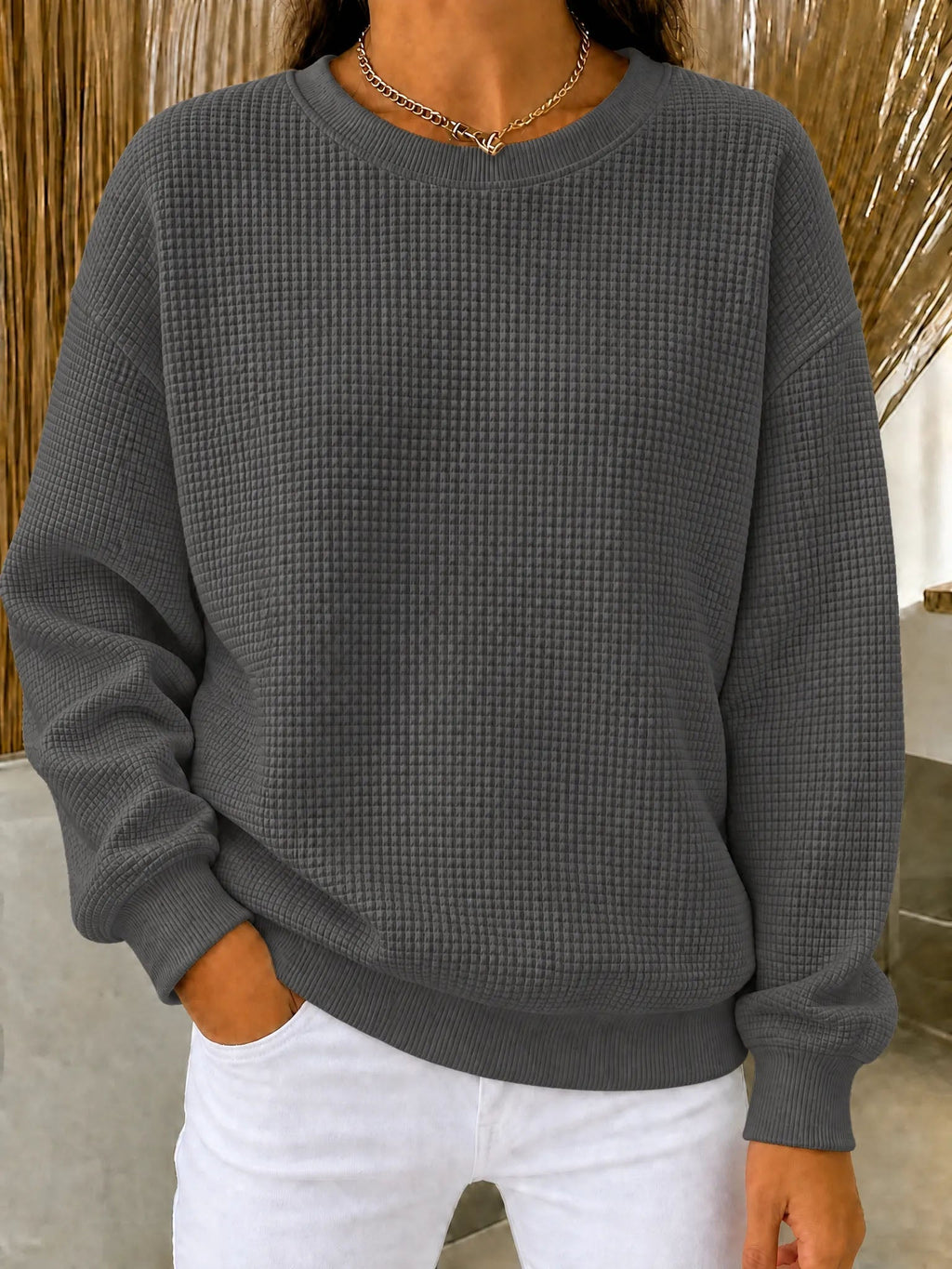 Waffelstrick-Pullover mit Rundhals – Damen