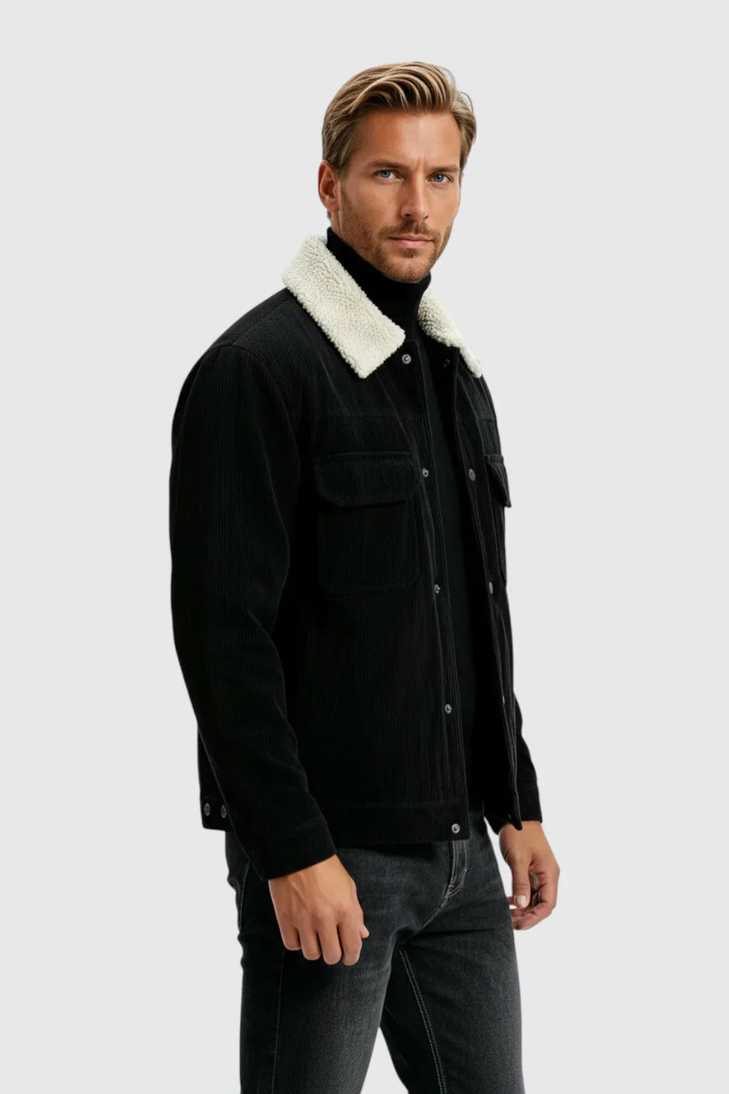 Men's Corduroy Jacket with Sherpa Collar - Black