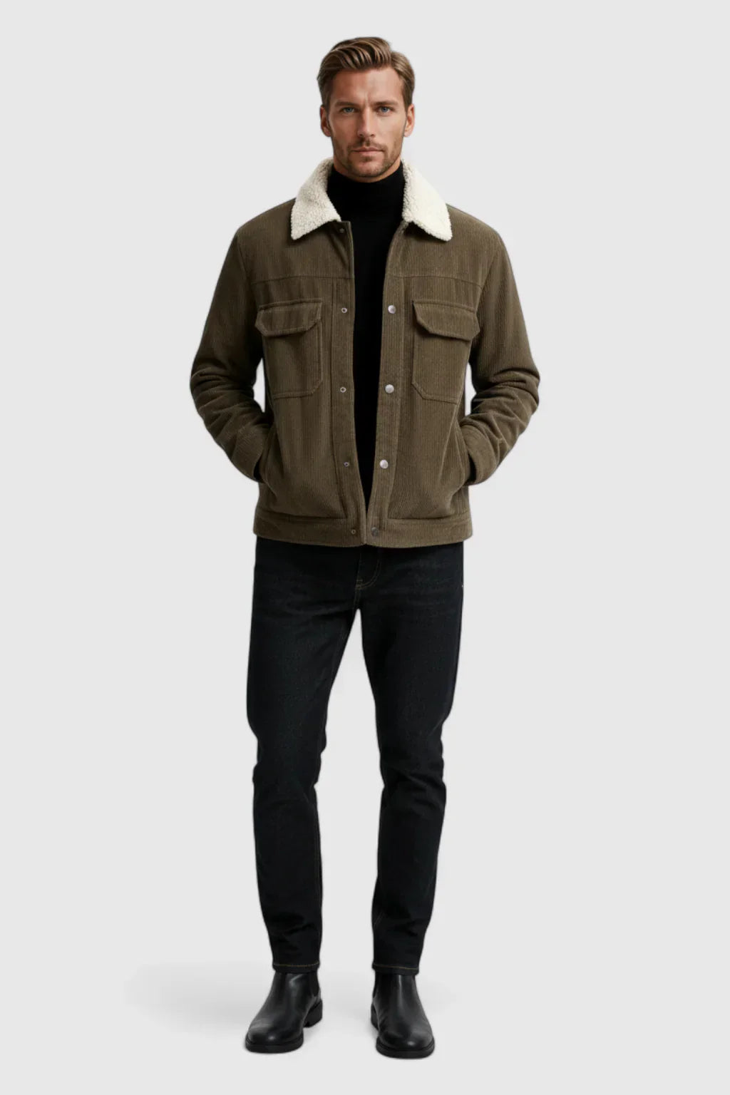 Men's Corduroy Jacket with Sherpa Collar - Coffee Brown