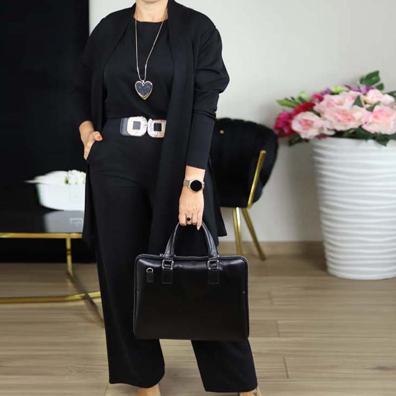 Dreiteiliges Set mit Longcardigan, Oberteil und weiter Hose – Damen