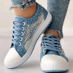 Sneaker in Jeans-Optik mit Pünktchen und Blumendetail – Damen