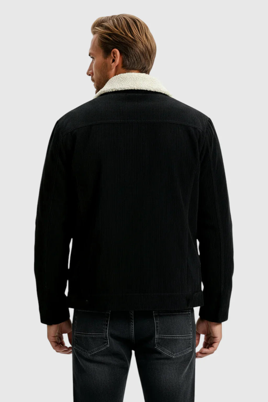 Men's Corduroy Jacket with Sherpa Collar - Black