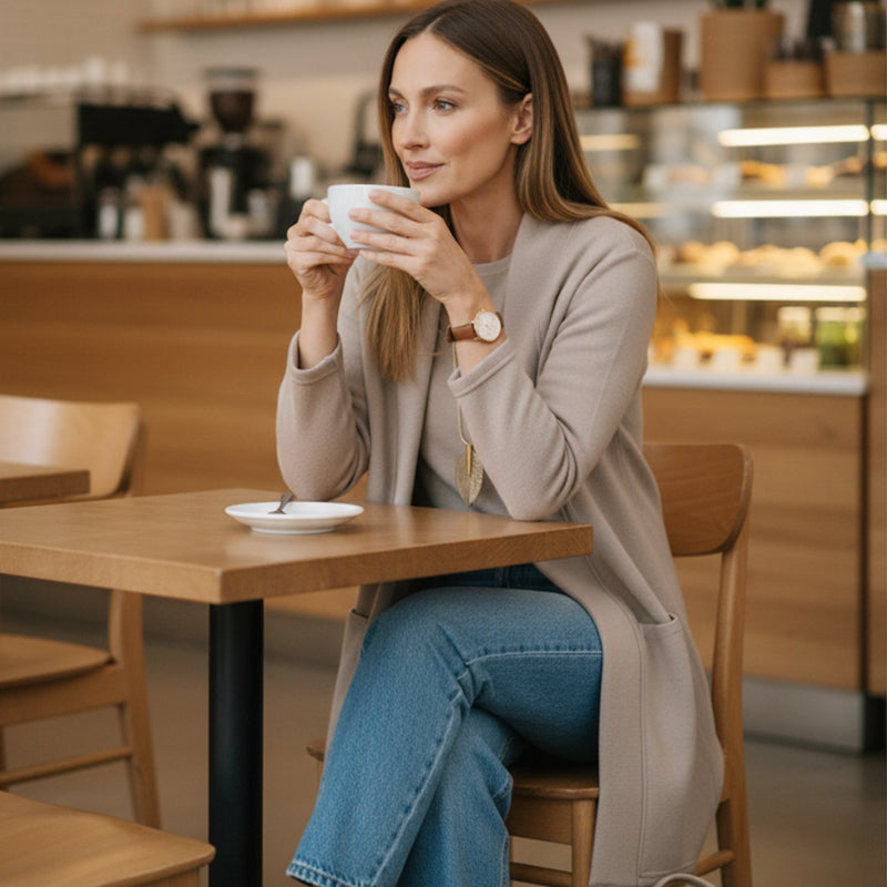 Dreiteiliges Set mit Longcardigan, Oberteil und weiter Hose – Damen