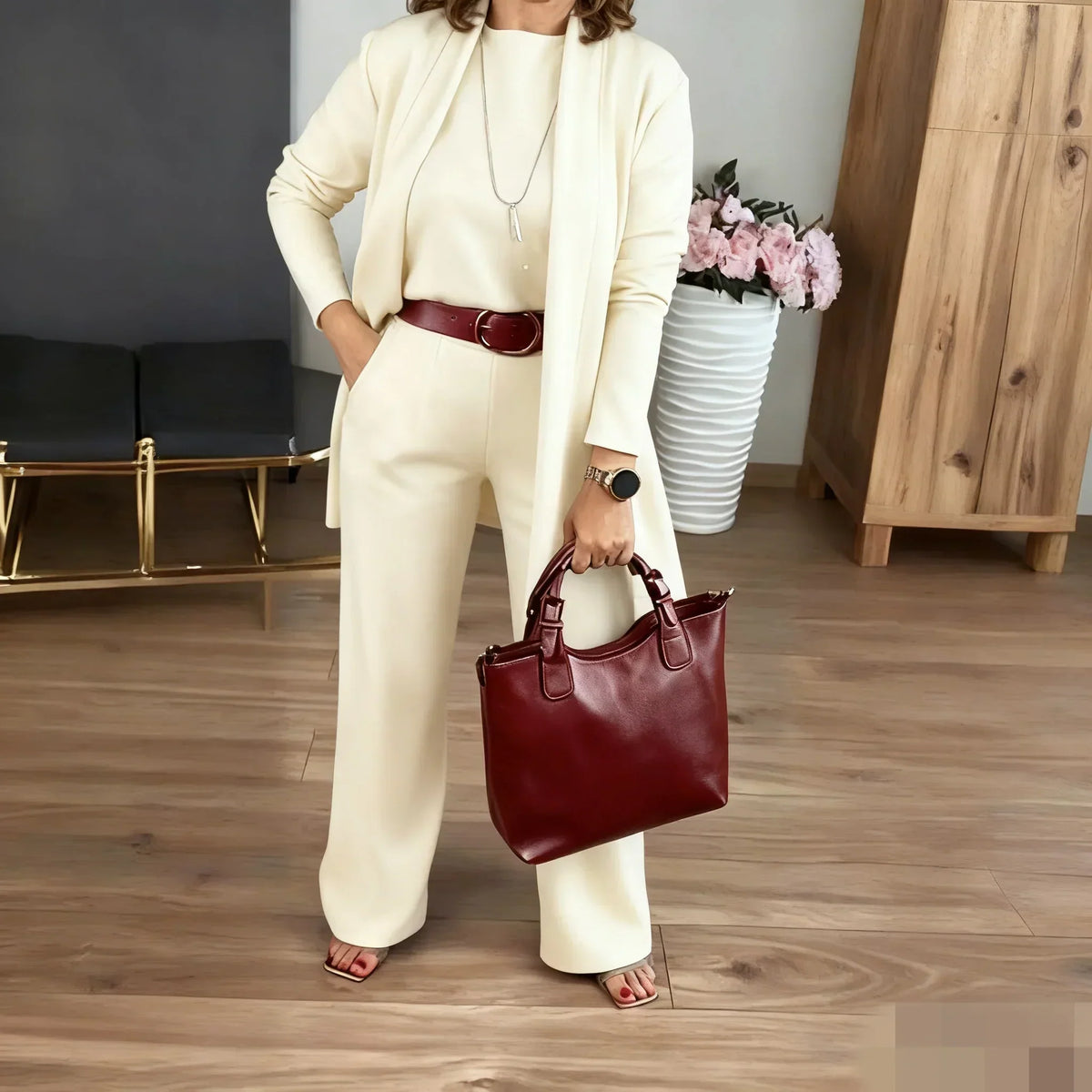Dreiteiliges Set mit Longcardigan, Oberteil und weiter Hose – Damen