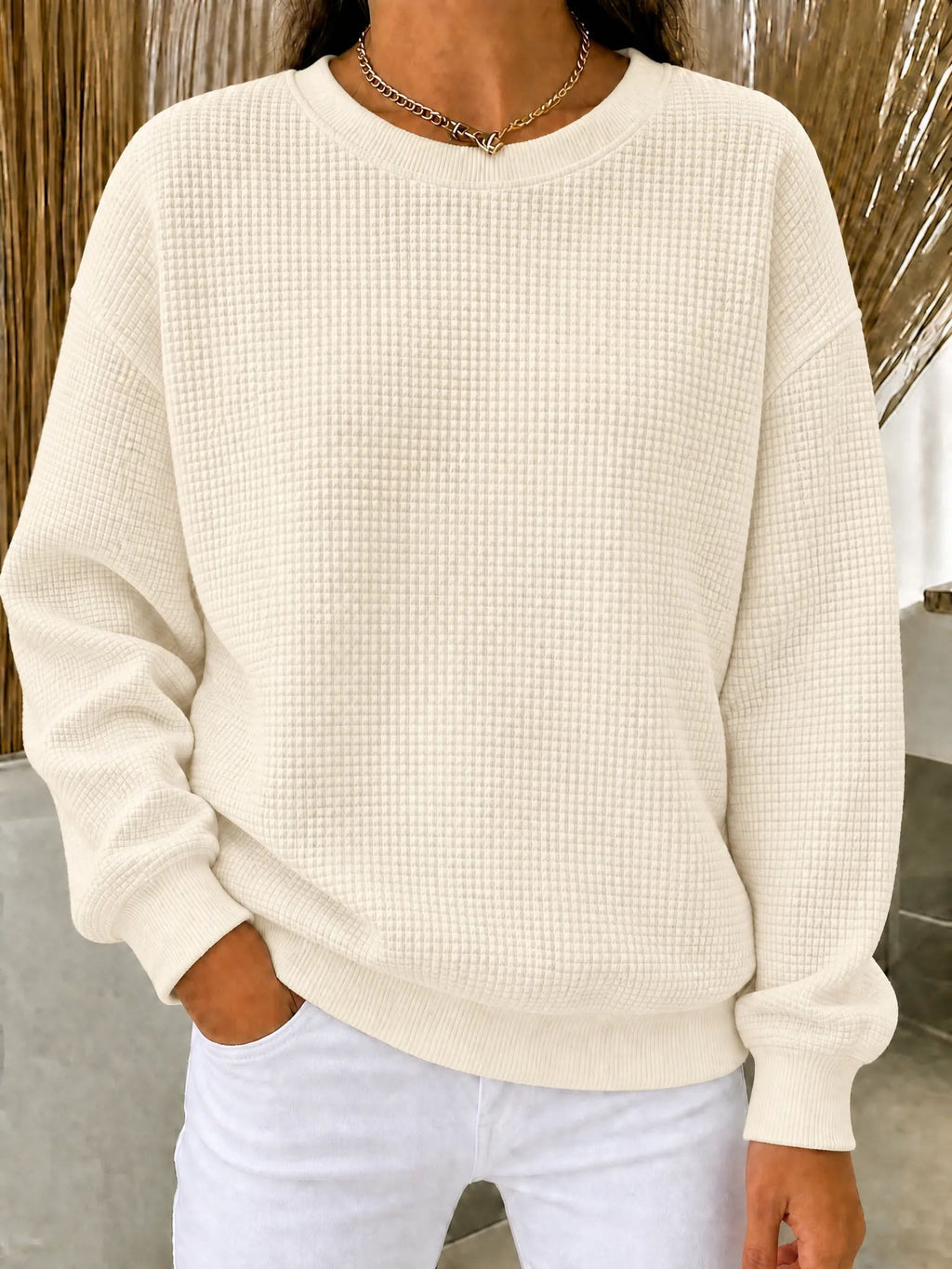 Waffelstrick-Pullover mit Rundhals – Damen