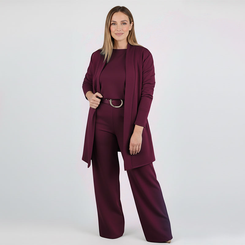 Dreiteiliges Set mit Longcardigan, Oberteil und weiter Hose – Damen