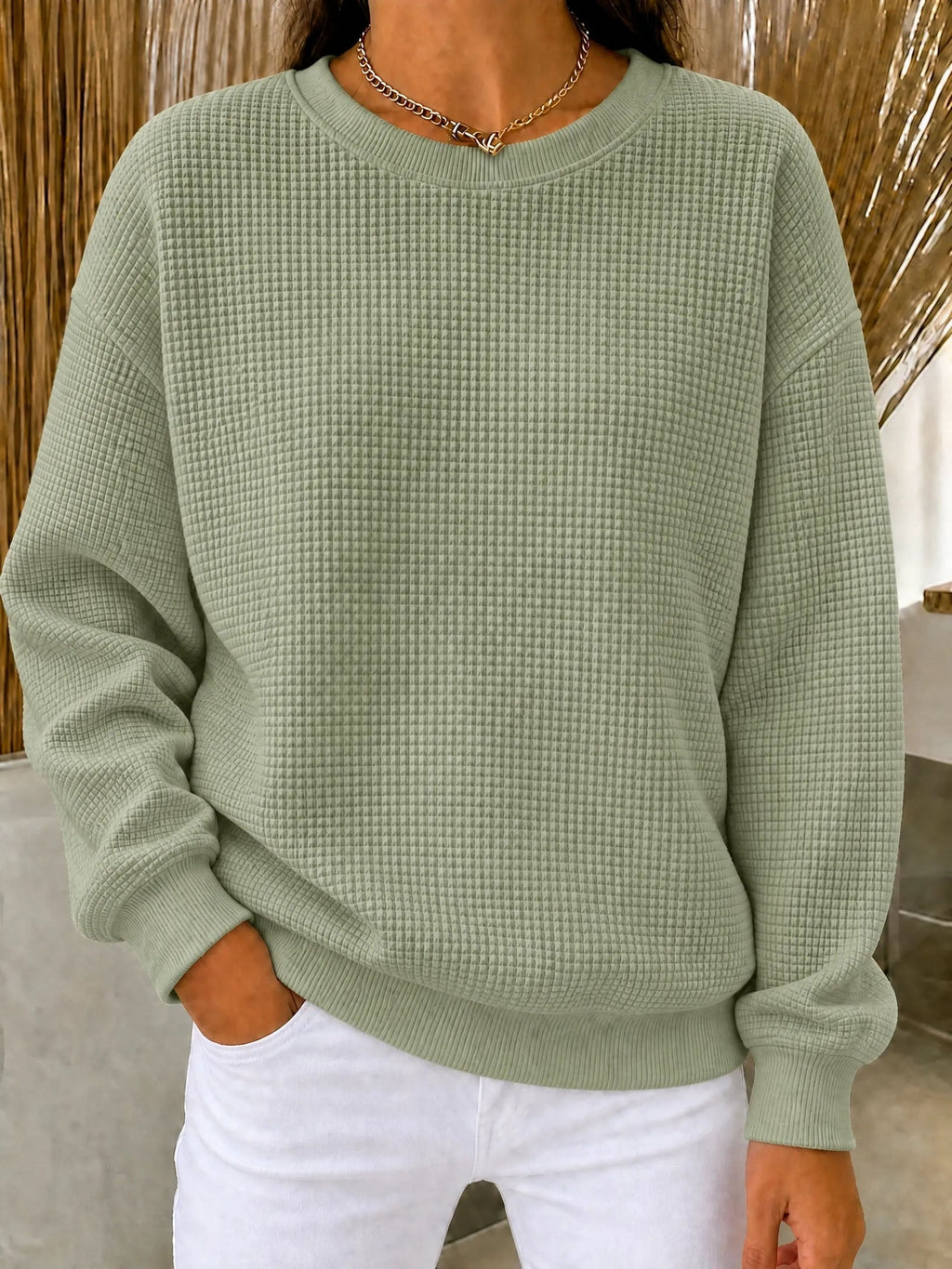 Waffelstrick-Pullover mit Rundhals – Damen
