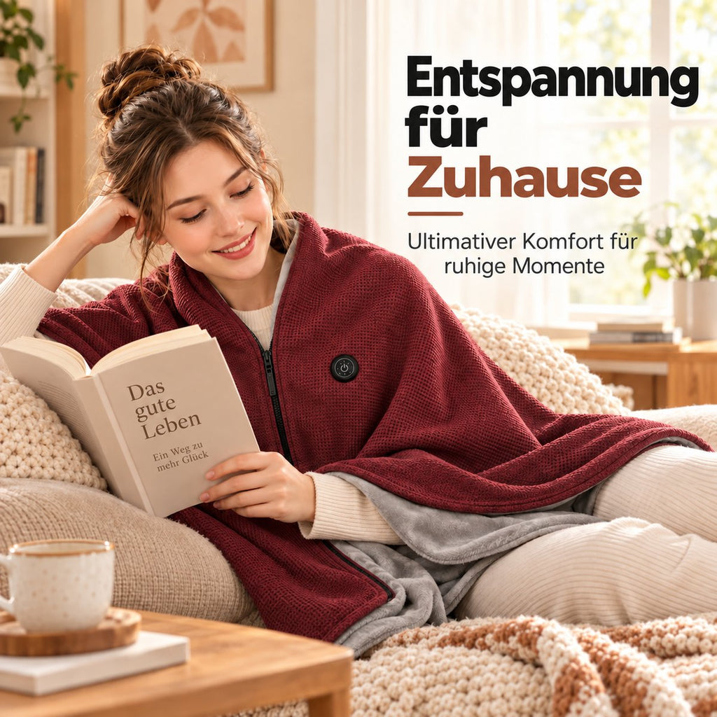 Beheizbarer Kuschelschal in Rot – entspannt auf dem Sofa