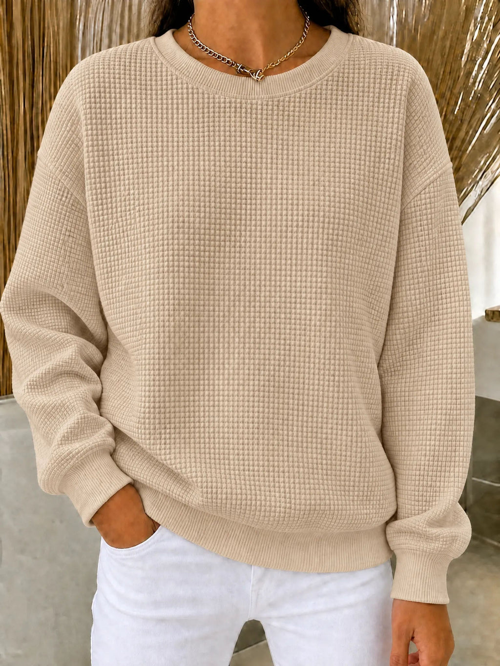 Waffelstrick-Pullover mit Rundhals – Damen