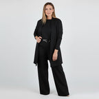 Dreiteiliges Set mit Longcardigan, Oberteil und weiter Hose – Damen