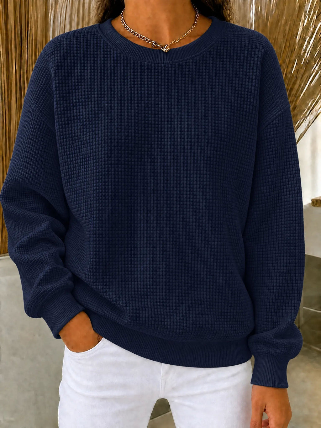 Waffelstrick-Pullover mit Rundhals – Damen