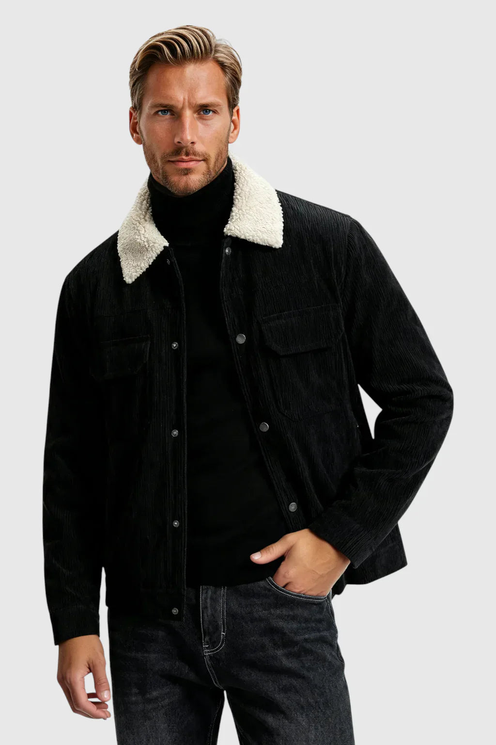 Men's Corduroy Jacket with Sherpa Collar - Black