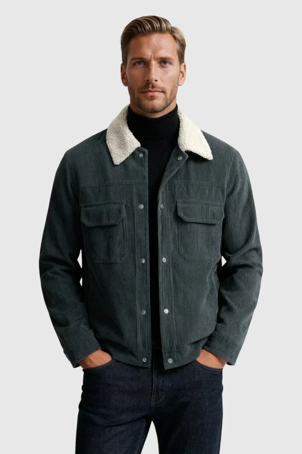 Men's Corduroy Jacket with Sherpa Collar - Charcoal Gray