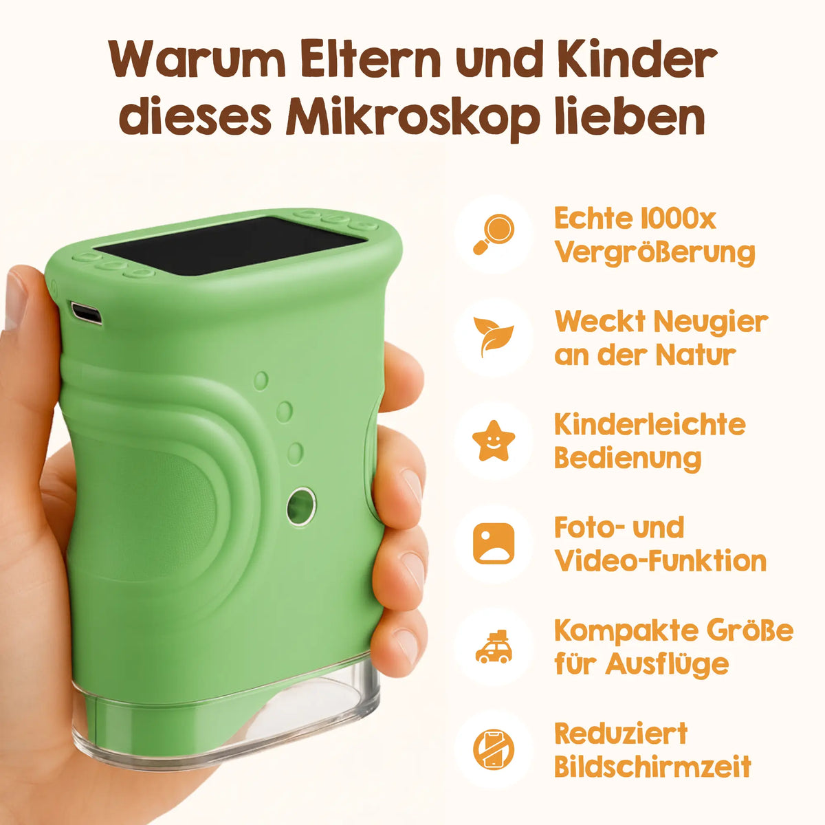 Eine Hand hält das Edubini Abenteuer-Mikroskop (Geschenk-Starterset), ein grünes, tragbares Digitalmikroskop von Edubini – das perfekte Geschenk zum Forschen für kleine Entdecker. Die deutsche Produktbeschreibung hebt die 1000-fache Vergrößerung, die kinderleichte Bedienung, die Foto- und Videofunktionen, das kompakte Design sowie die Förderung der Neugier auf die Natur und weniger Bildschirmzeit für Kinder und Eltern hervor.