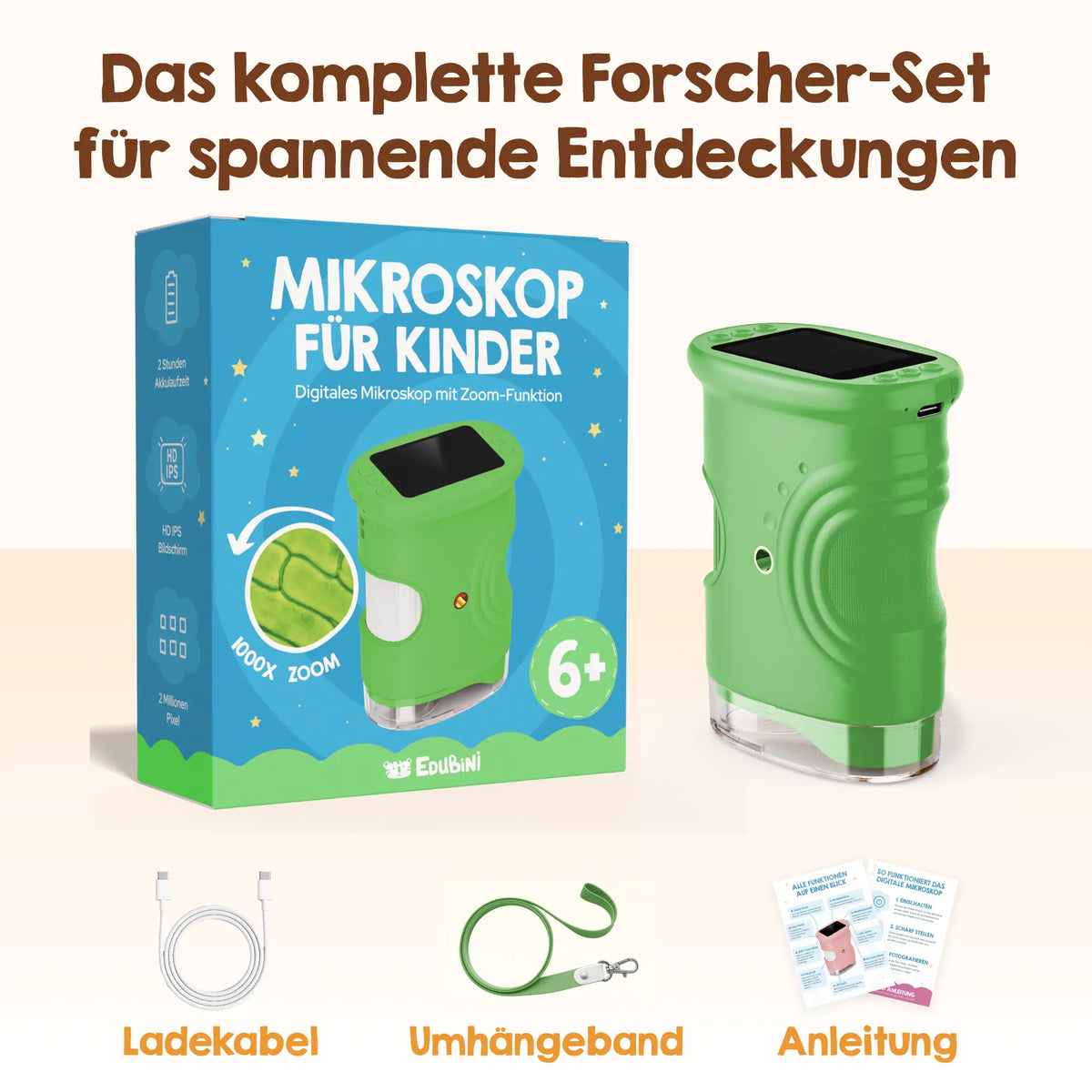 Edubini Abenteuer-Mikroskop (Geschenk-Starterset) von Edubini, abgebildet mit Verpackung, USB-Ladekabel, grünem Trageband und Anleitungskarten. Der deutsche Text hebt es als komplettes Geschenk-Set zum Forschen und Entdecken für Kinder ab 6 Jahren hervor.
