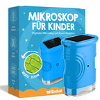 Das Edubini-Abenteuer-Mikroskop (Geschenk-Starterset) ist ein blaues Kindermikroskop der Marke Edubini und wird zusammen mit einer Verpackung mit deutschem Text angeboten. Die Verpackung zeigt eine Cartoon-Illustration und verweist auf die 1000-fache Vergrößerung sowie das HD-Display und die 2-Megapixel-Auflösung – damit wird das Mikroskop für junge Forscher besonders spannend.