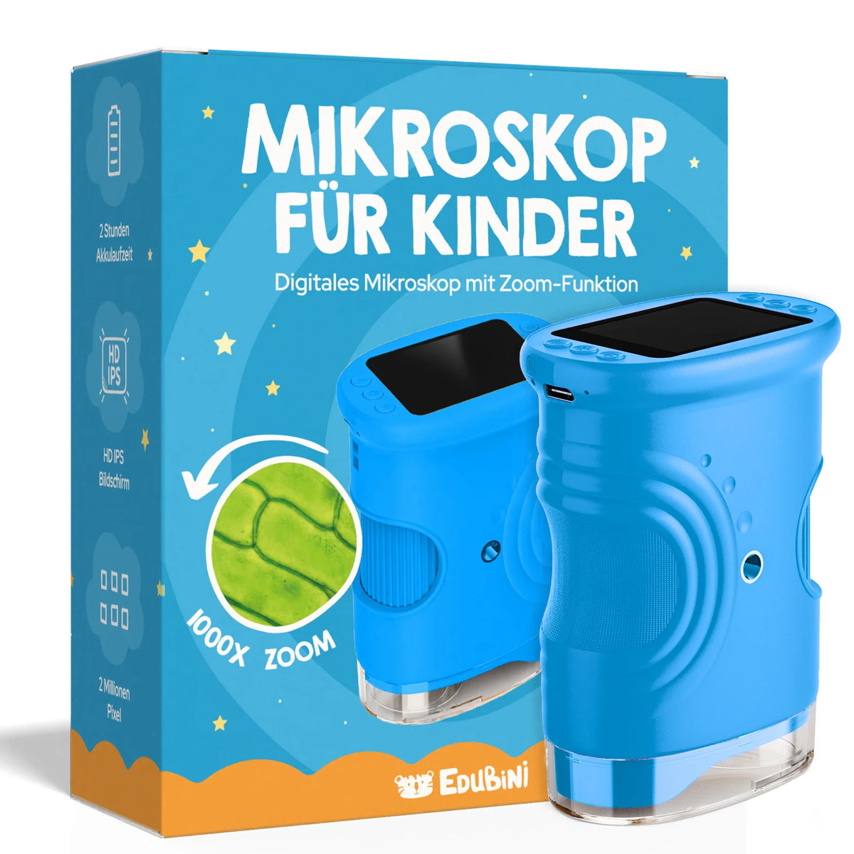 Das Edubini-Abenteuer-Mikroskop (Geschenk-Starterset) ist ein blaues Kindermikroskop der Marke Edubini und wird zusammen mit einer Verpackung mit deutschem Text angeboten. Die Verpackung zeigt eine Cartoon-Illustration und verweist auf die 1000-fache Vergrößerung sowie das HD-Display und die 2-Megapixel-Auflösung – damit wird das Mikroskop für junge Forscher besonders spannend.