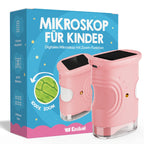 Ein rosa Edubini-Abenteuer-Mikroskop (Geschenk-Starterset) für Kinder ist neben seiner blau-rosa Verpackung abgebildet, auf der der Markenname „Edubini“, der Produktname „Abenteuer-Mikroskop für Kinder“ sowie Angaben wie „1000-fache Vergrößerung“ sowie eine Nahaufnahme grüner Zellen.