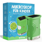 Neben der blauen Verpackung, auf der der Markenname „Edubini“, eine gezeichnete, vergrößerte Zelle sowie Funktionen wie die 1000-fache Vergrößerung und ein 2-MP-Display abgebildet sind, ist ein grünes Edubini-Abenteuer-Mikroskop (Geschenk-Starterset) für Kinder zu sehen.