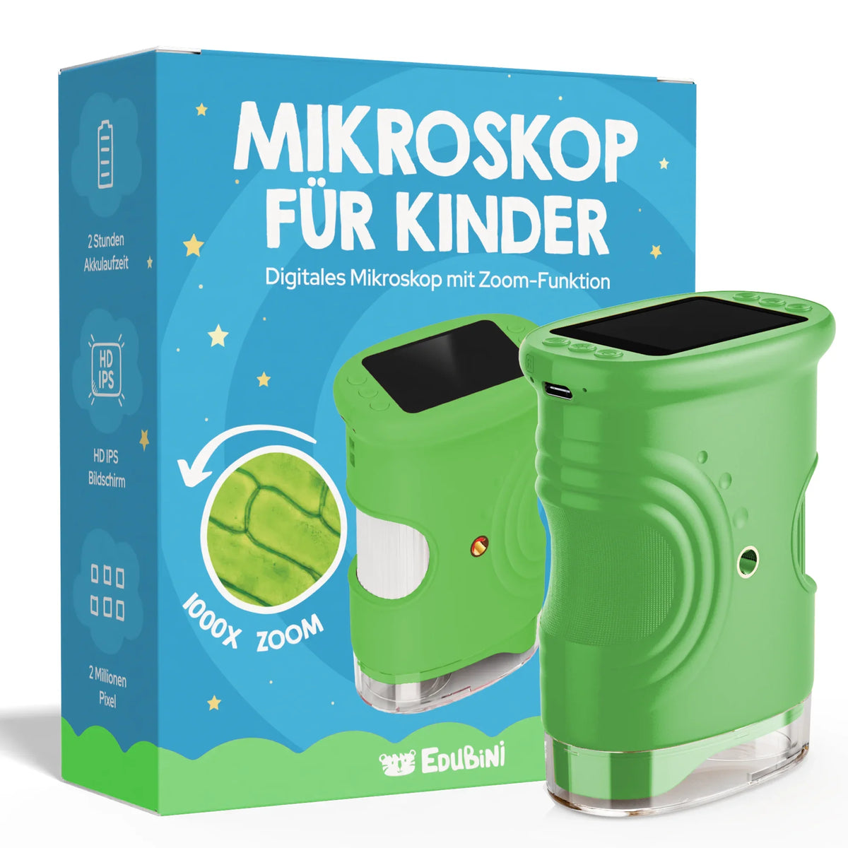 Neben der blauen Verpackung, auf der der Markenname „Edubini“, eine gezeichnete, vergrößerte Zelle sowie Funktionen wie die 1000-fache Vergrößerung und ein 2-MP-Display abgebildet sind, ist ein grünes Edubini-Abenteuer-Mikroskop (Geschenk-Starterset) für Kinder zu sehen.