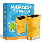 Das Edubini Abenteuer-Mikroskop (Geschenk-Starterset) für Kinder ist in Gelb neben seiner blauen Verpackung abgebildet, auf der deutscher Text und Abbildungen zu sehen sind, die auf die 1000-fache Vergrößerung hinweisen. Der Markenname Edubini ist deutlich zu erkennen, wodurch dieses Mikroskop für Kinder sowohl lehrreich als auch unterhaltsam ist.