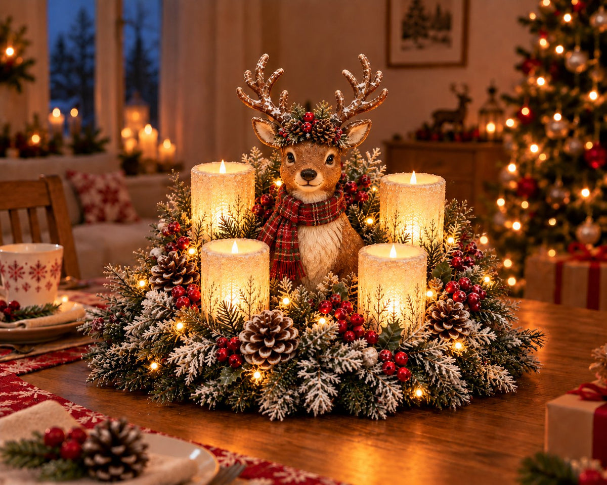 Beleuchtetes Weihnachtsgesteck mit Waldtier und LED-Kerzen