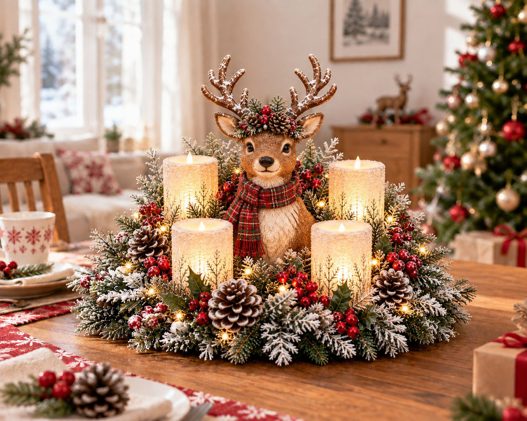 Beleuchtetes Weihnachtsgesteck mit Waldtier und LED-Kerzen