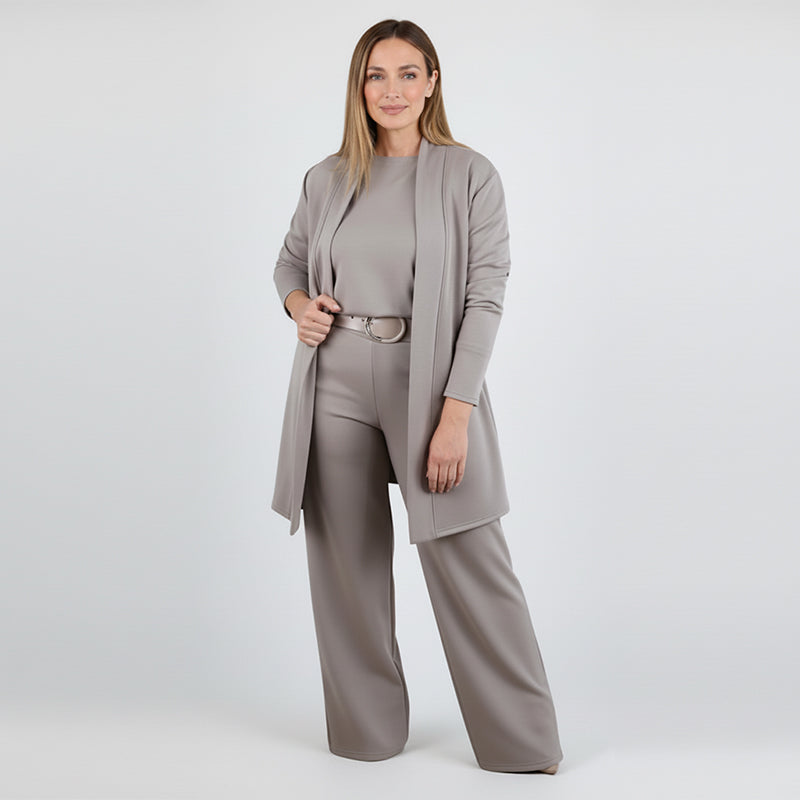 Dreiteiliges Set mit Longcardigan, Oberteil und weiter Hose – Damen