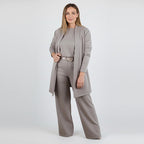 Dreiteiliges Set mit Longcardigan, Oberteil und weiter Hose – Damen