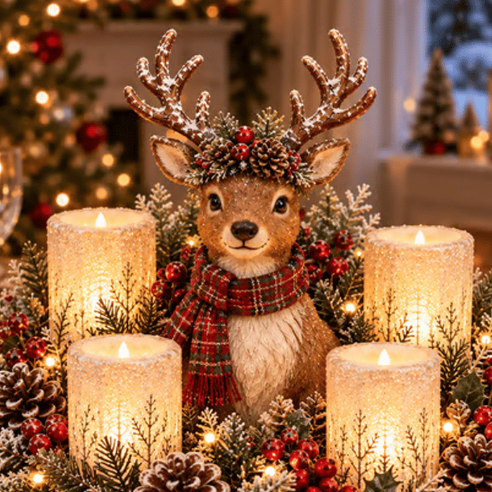 Beleuchtetes Weihnachtsgesteck mit Waldtier und LED-Kerzen