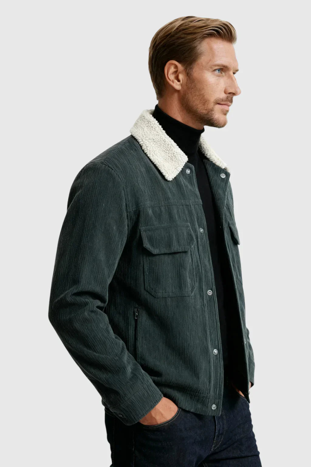 Men's Corduroy Jacket with Sherpa Collar - Charcoal Gray