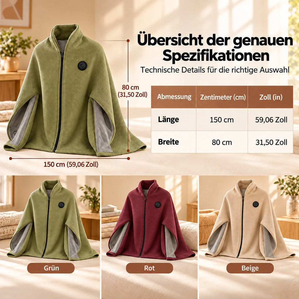 Beheizbarer Kuschelschal – Maße 150 × 80 cm und Farben