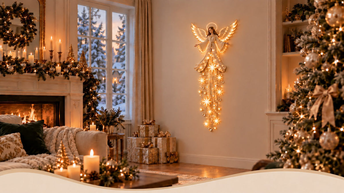 Engel-Wandleuchte mit LED-Sternenregen – warmweiß
