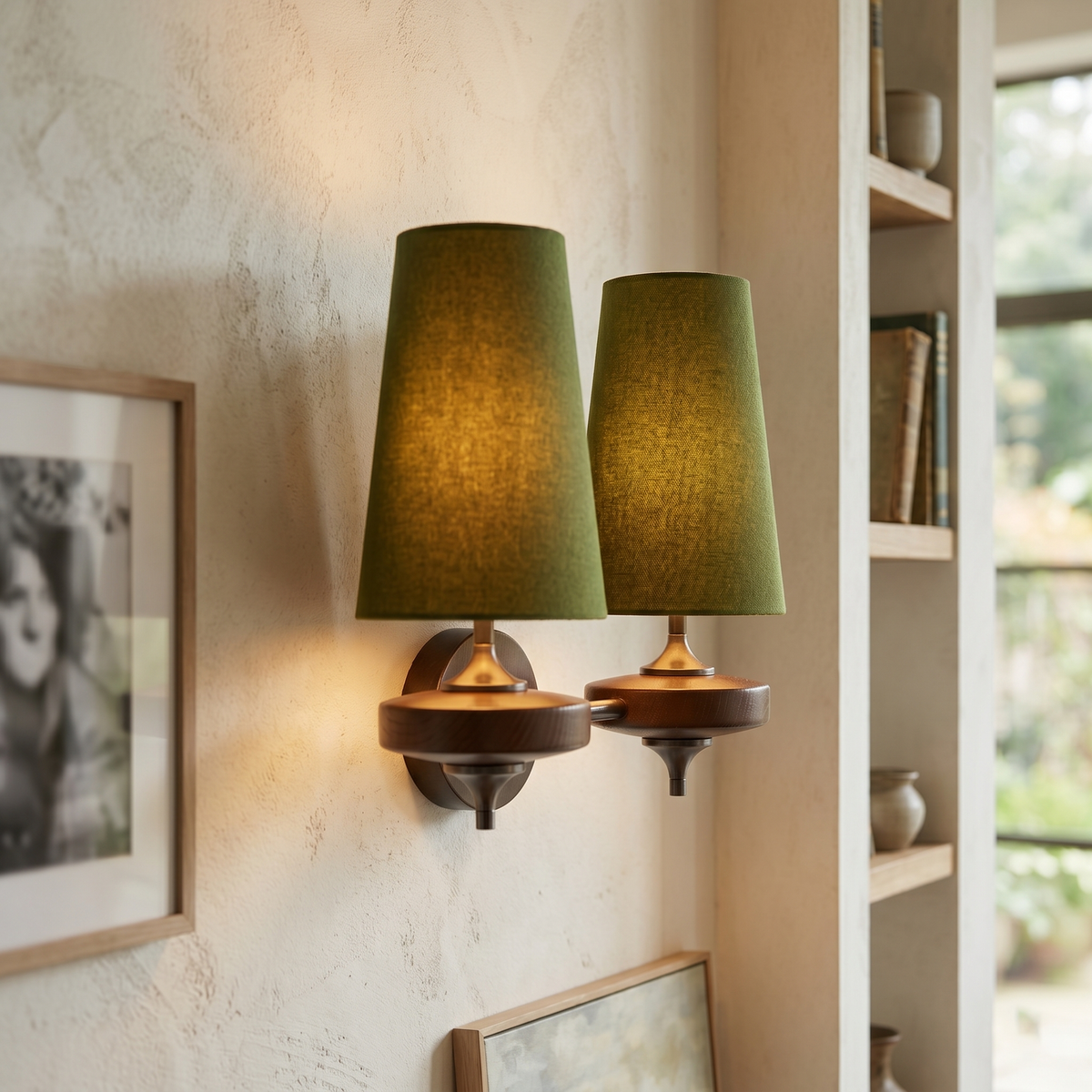 Wandleuchte mit Stoffschirm und Holzoptik