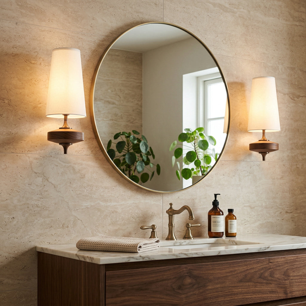 Wandleuchte mit Stoffschirm und Holzoptik