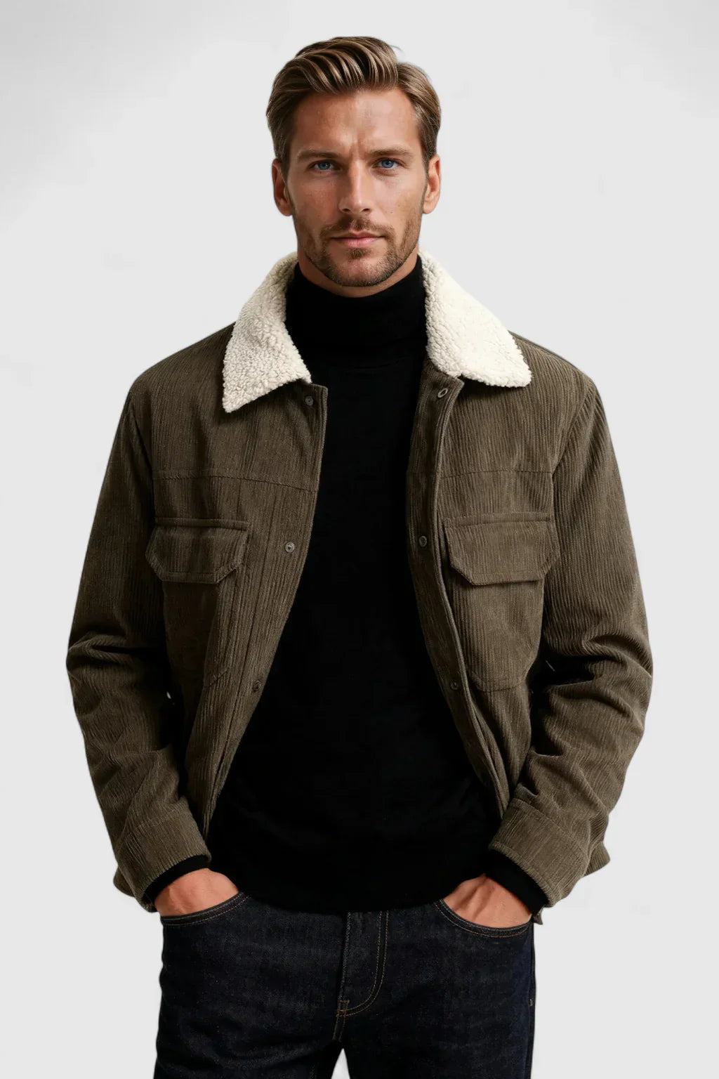 Men's Corduroy Jacket with Sherpa Collar - Coffee Brown