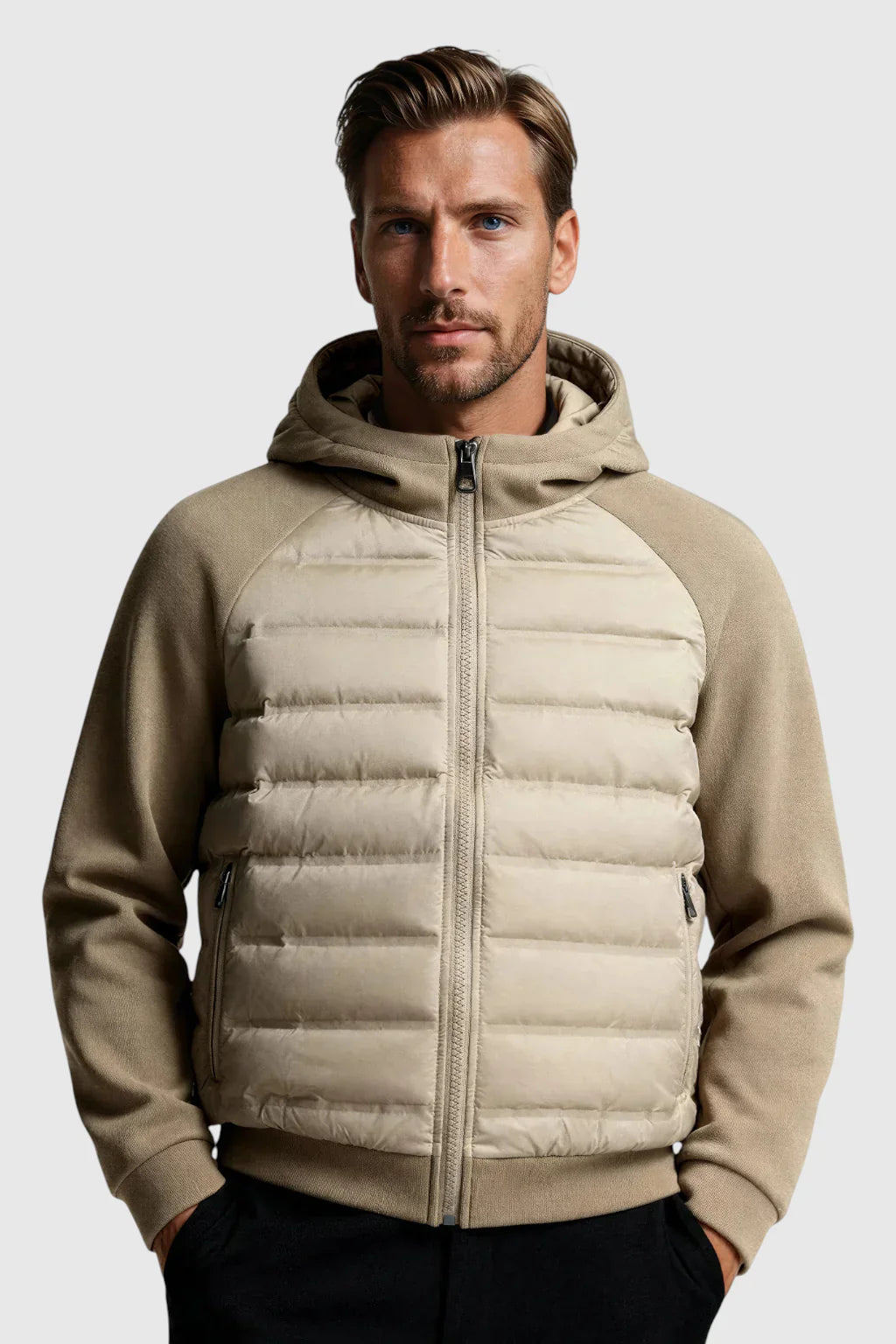 Loose Fit Hooded Down Jacket - Beige