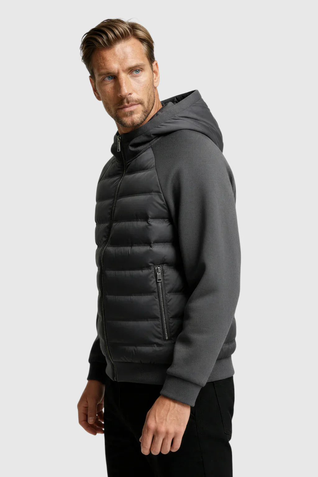 Loose Fit Hooded Down Jacket - Charcoal Grey