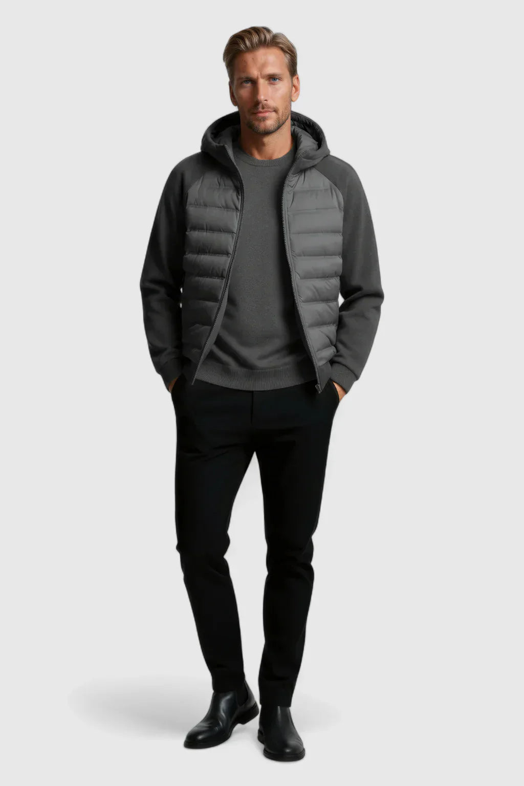 Loose Fit Hooded Down Jacket - Charcoal Grey