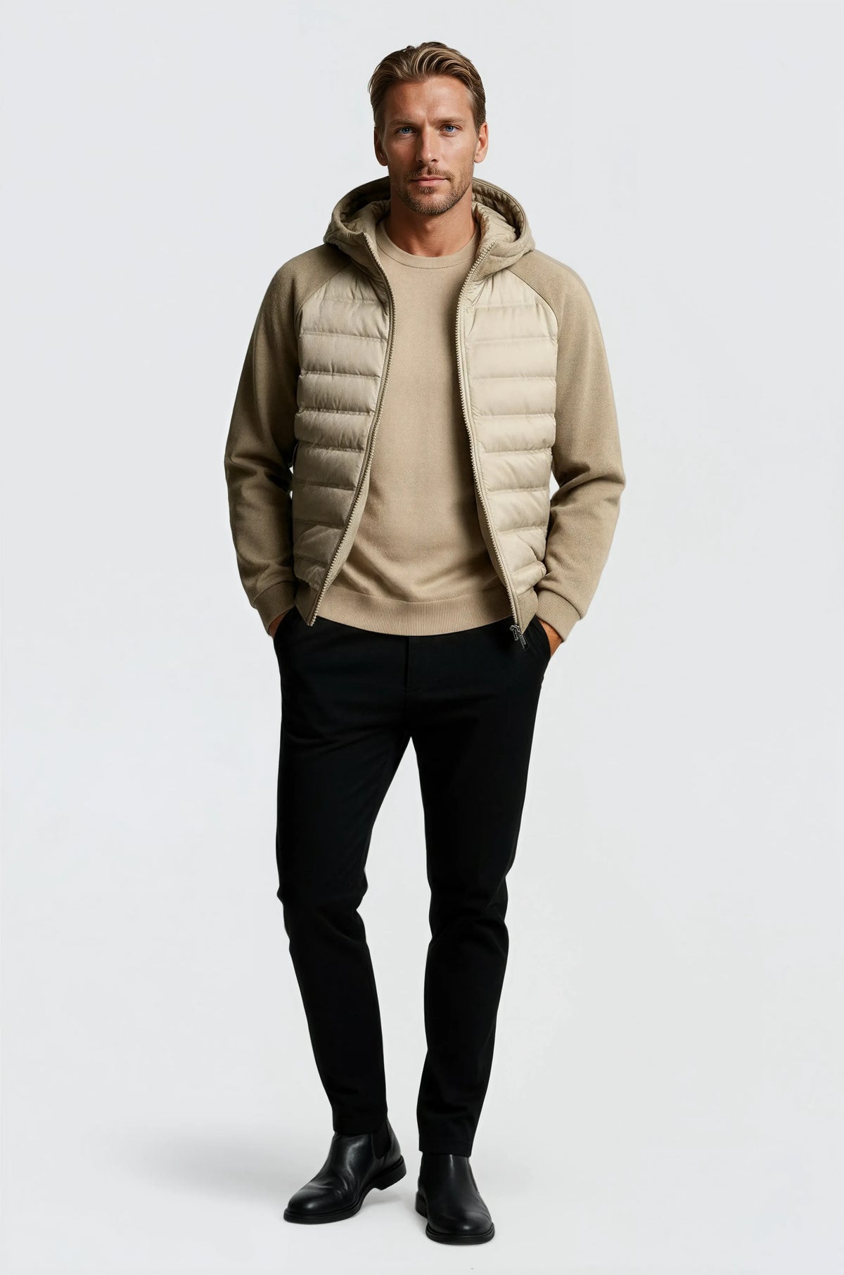 Loose Fit Hooded Down Jacket - Beige