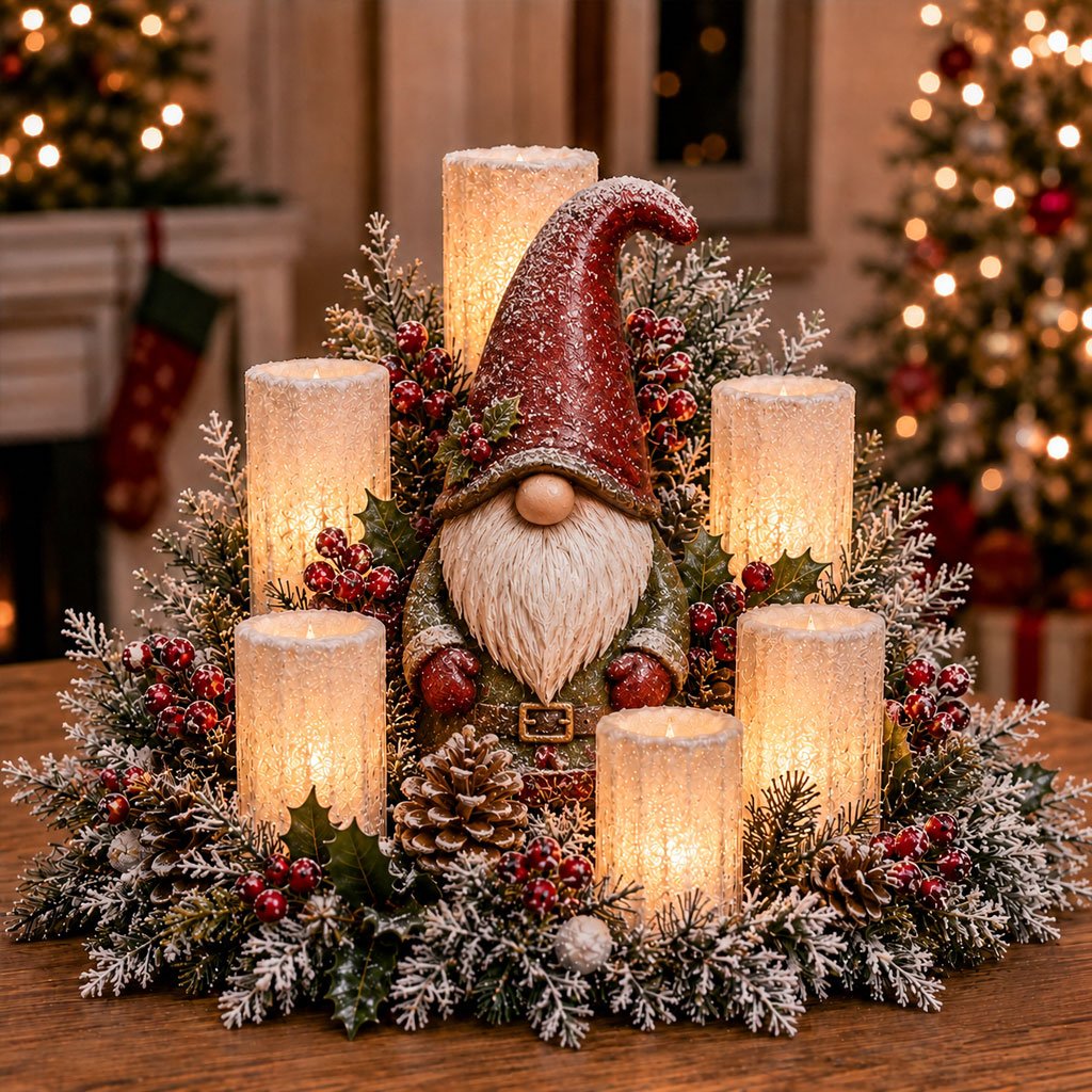 Weihnachtszauber LED-Kerzenlicht – Stil Wichtel, beleuchtetes Weihnachtsgesteck