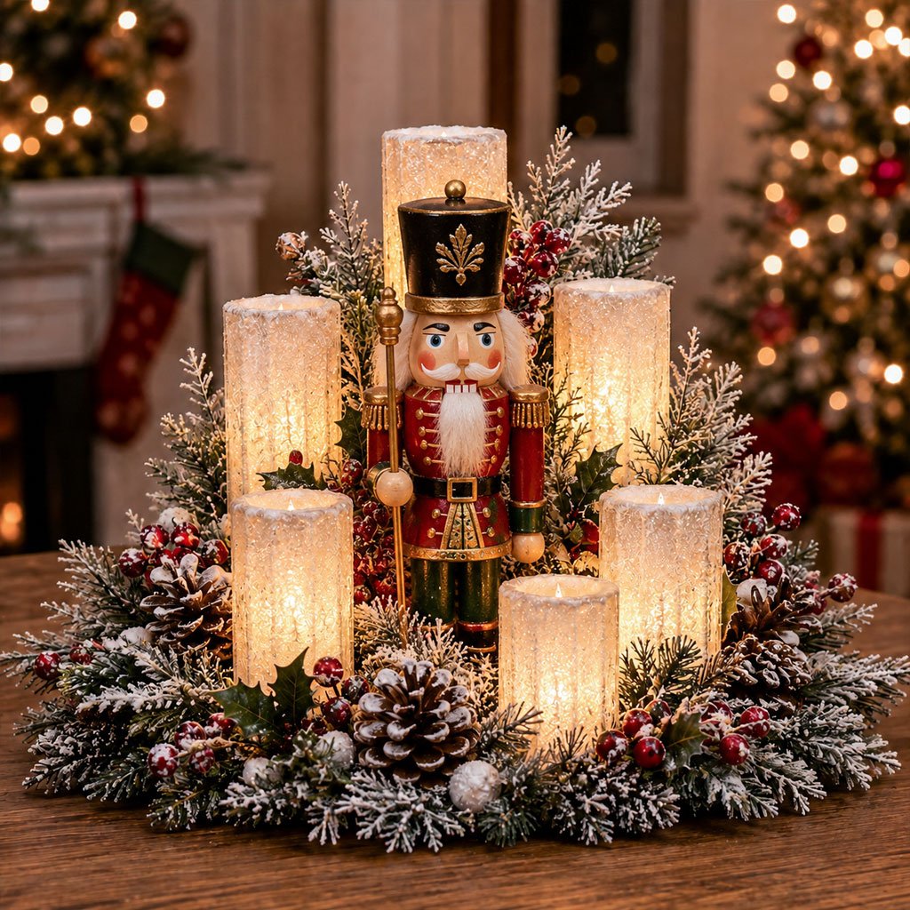 Weihnachtszauber LED-Kerzenlicht – Stil Nussknacker, beleuchtetes Weihnachtsgesteck