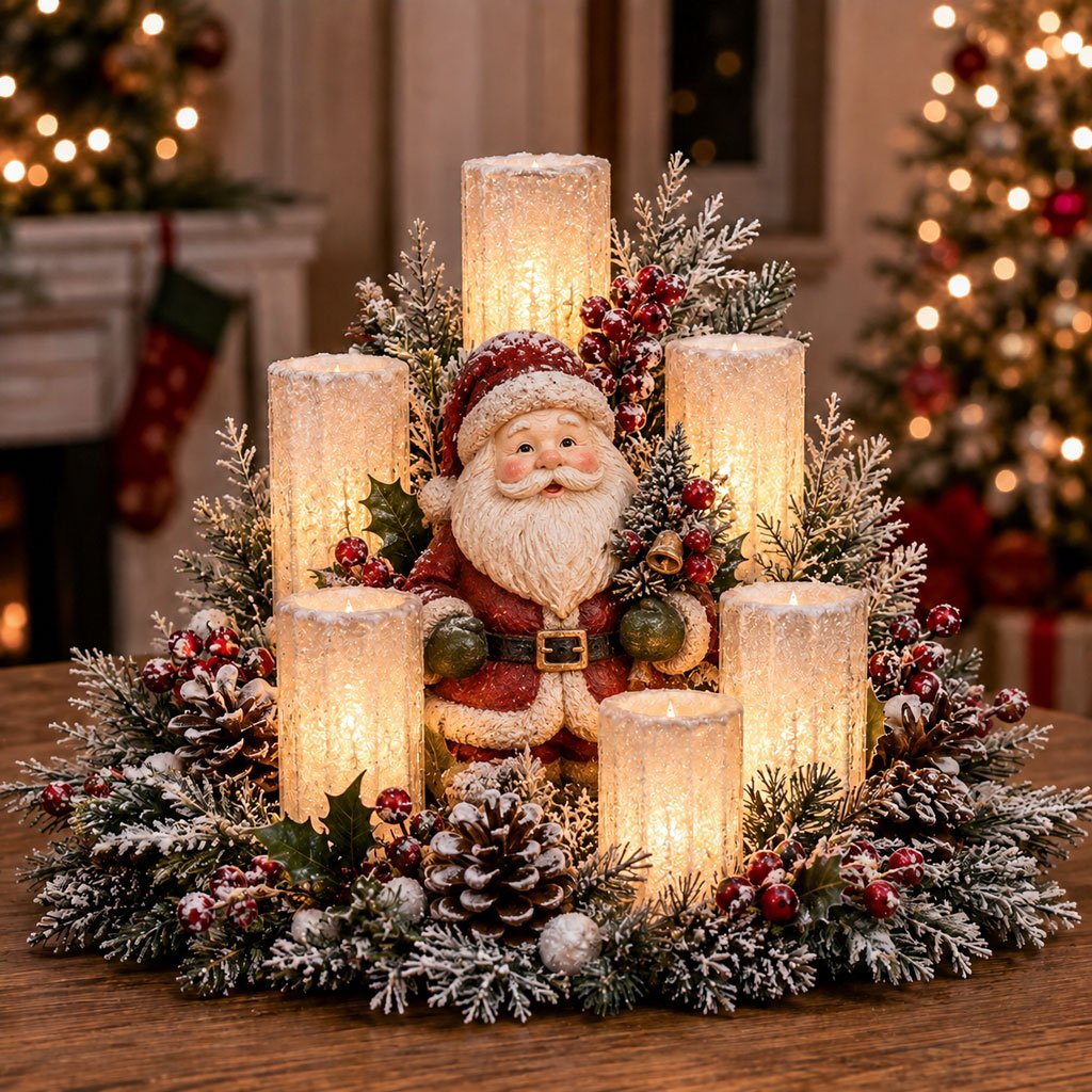 Weihnachtszauber LED-Kerzenlicht – Stil Weihnachtsmann, beleuchtetes Weihnachtsgesteck