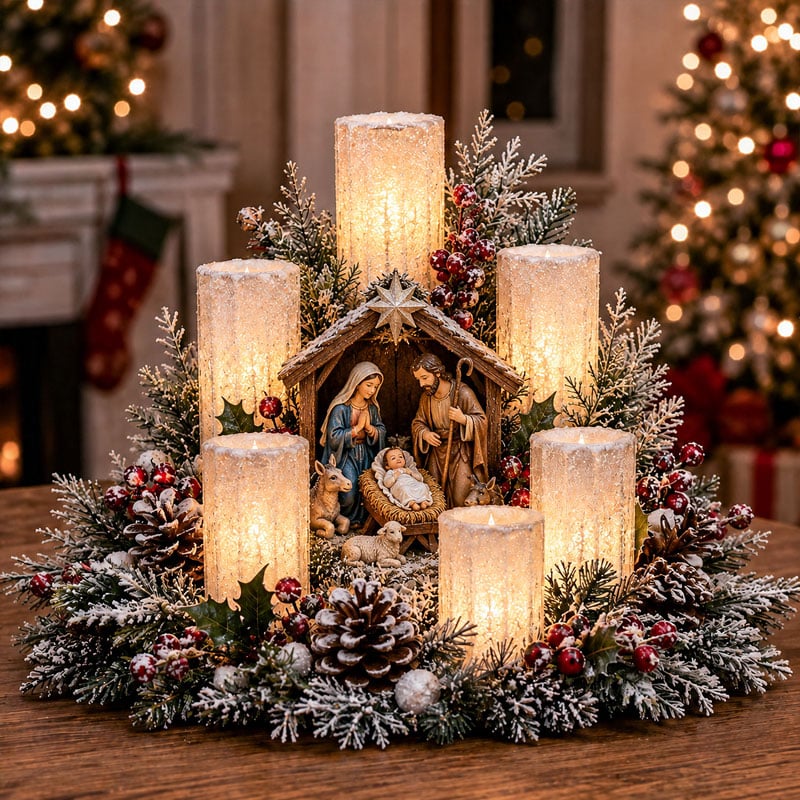 Weihnachtszauber LED-Kerzenlicht – Stil Krippe, beleuchtetes Weihnachtsgesteck