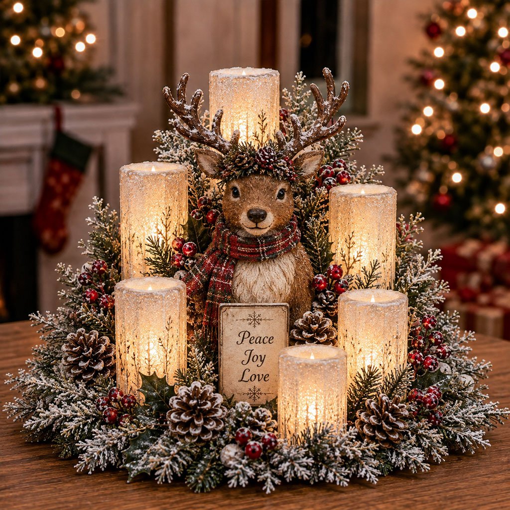 Weihnachtszauber LED-Kerzenlicht – Stil Rentier, beleuchtetes Weihnachtsgesteck