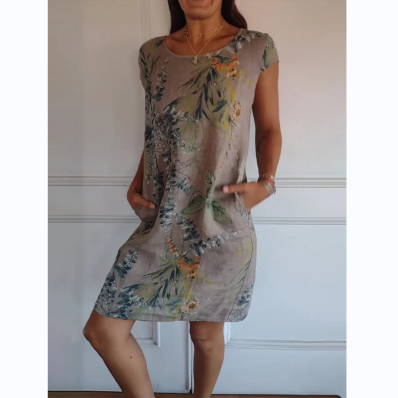 Rundhalskleid mit botanischem Print – Damen