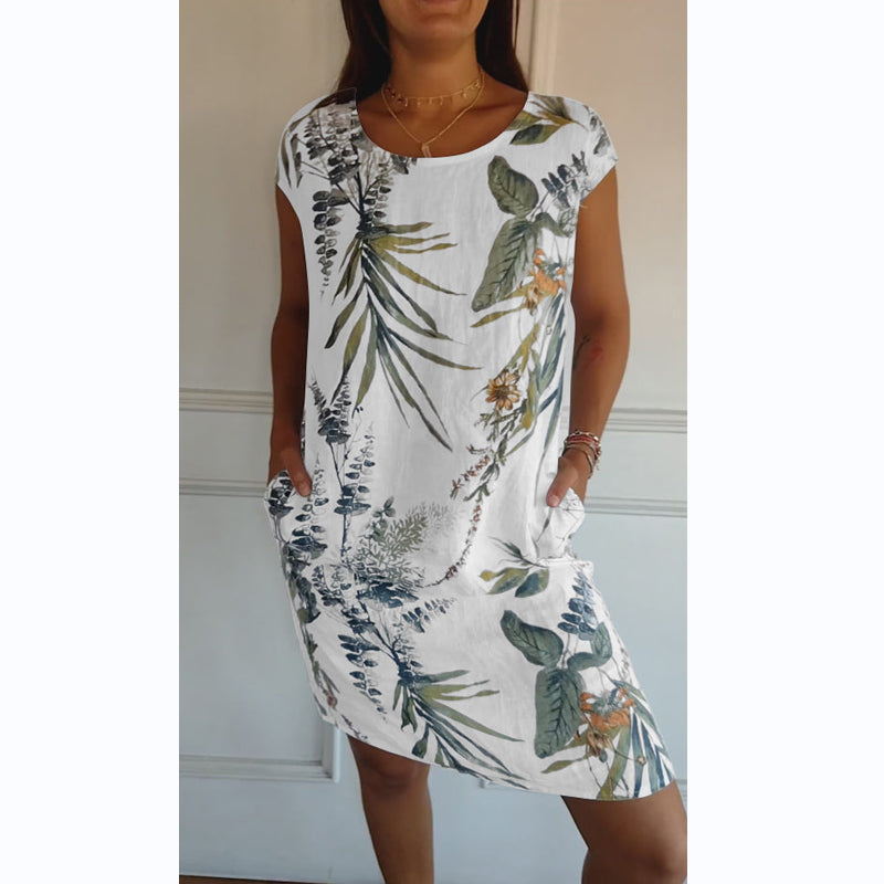 Rundhalskleid mit botanischem Print – Damen